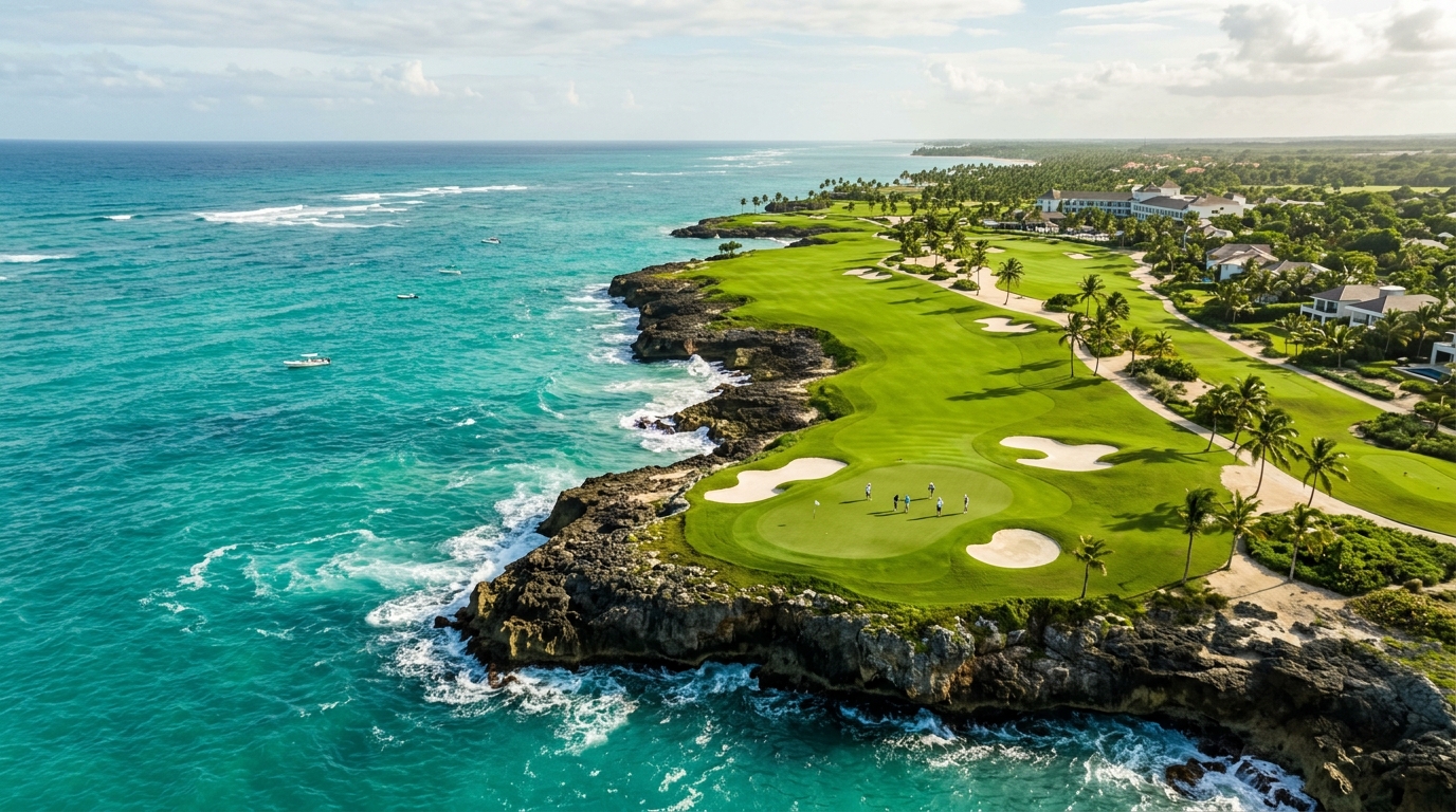 Vista aérea del campo de golf costero en Punta Cana