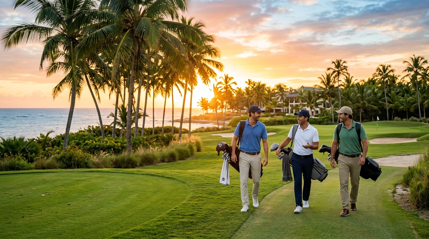 Golfistas caminando al atardecer en Punta Cana