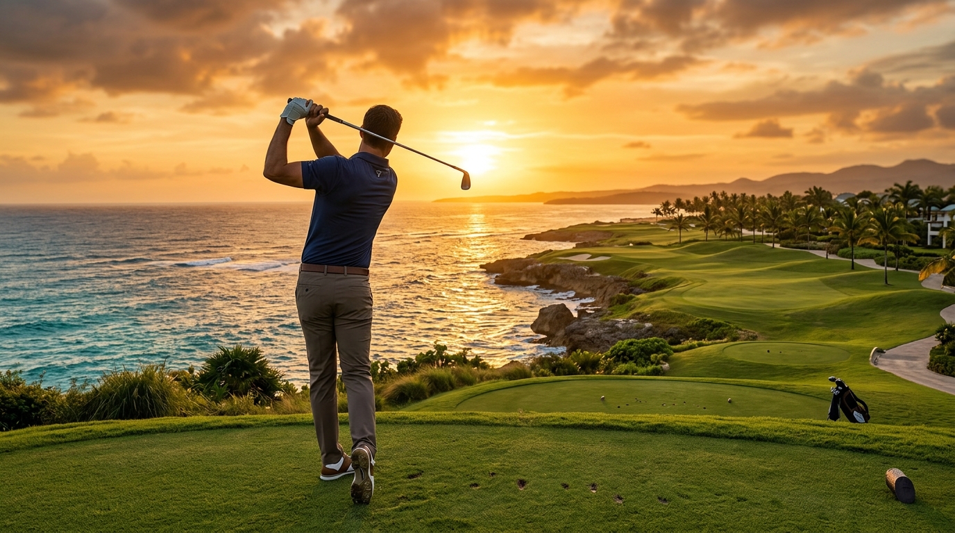 Golfista ejecutando un swing al atardecer frente al mar en Punta Cana