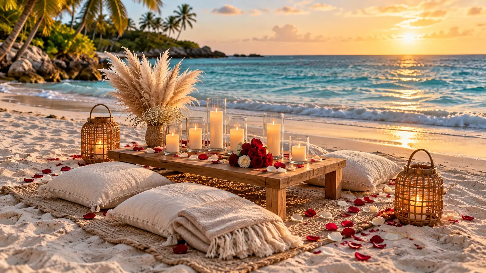 Inspiración para un picnic romántico: mesa baja, cojines, flores y faroles frente al mar