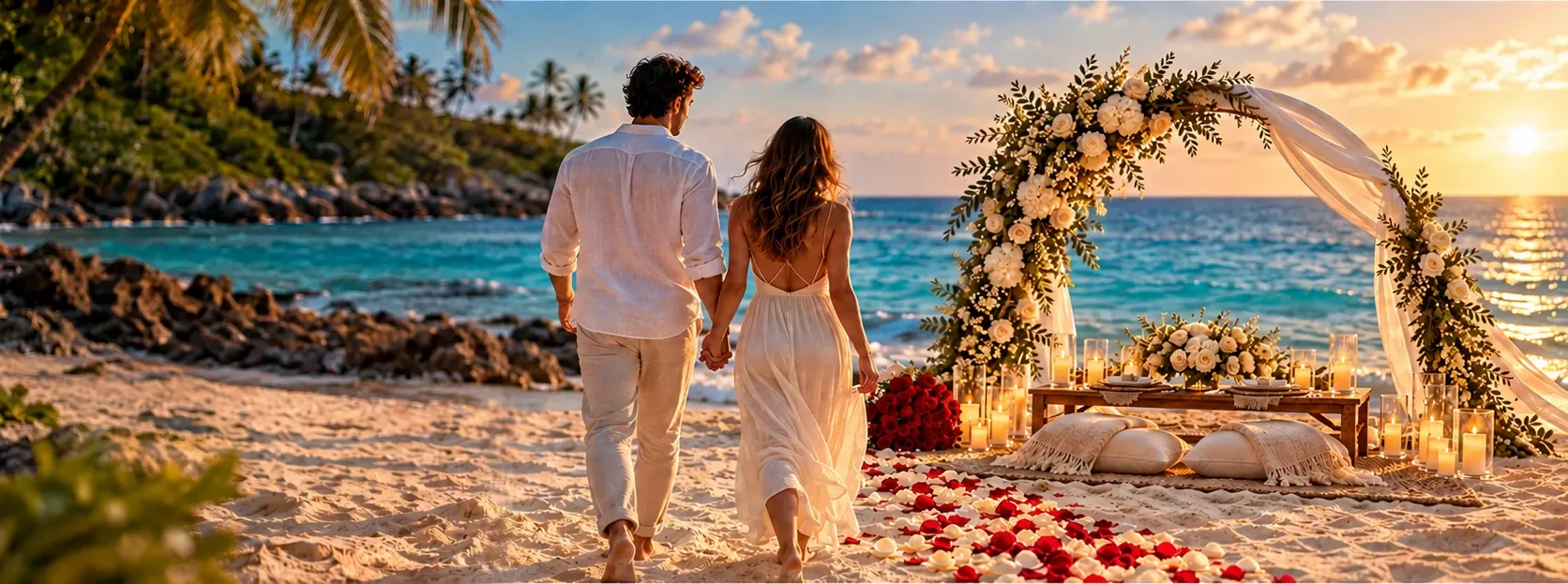 Una pareja camina de la mano hacia un montaje romántico con arco floral, rosas y velas junto al mar al atardecer