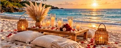 Inspiración para un picnic romántico: mesa baja, cojines, flores y faroles frente al mar