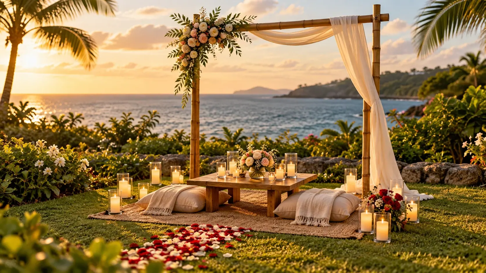 Inspiración para Romantic Garden con arco de bambú, tela y decoración floral en un jardín junto al mar