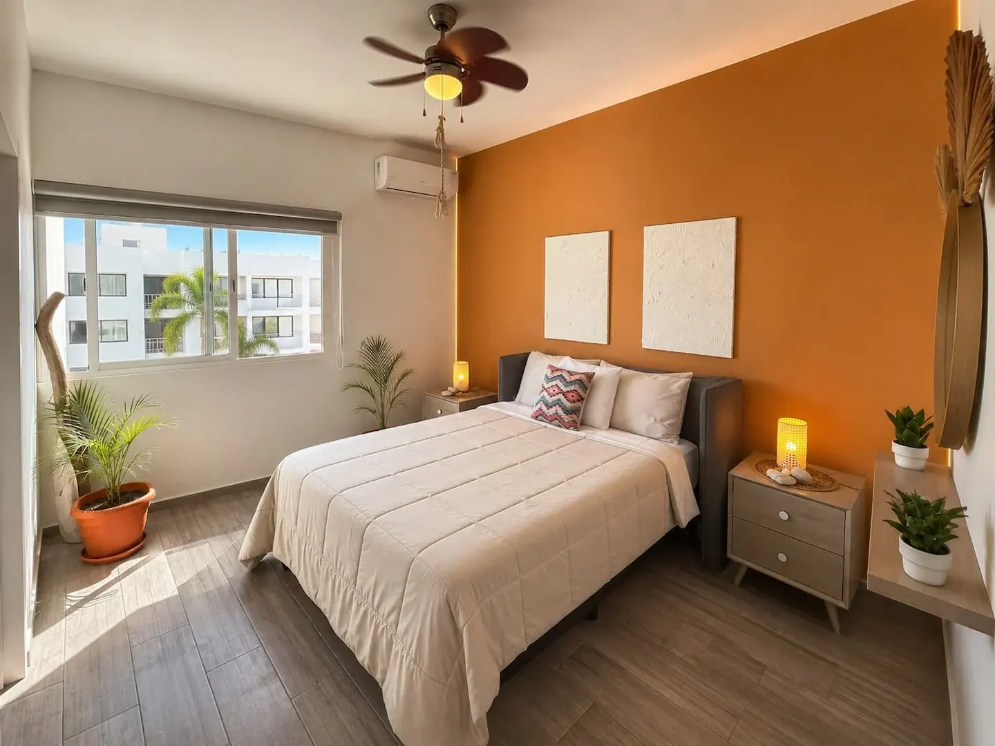 Dormitorio de Arena con pared naranja