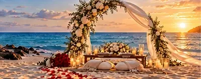 Inspiración para Romantic Signature: gran arco floral, ramo de rosas y camino de pétalos frente al mar