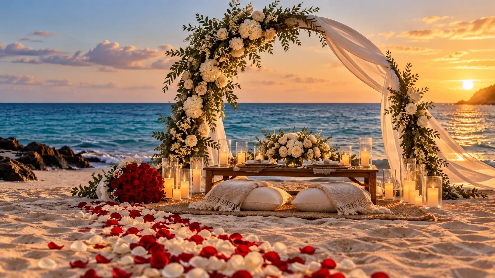 Inspiración para Romantic Signature: gran arco floral, ramo de rosas y camino de pétalos frente al mar