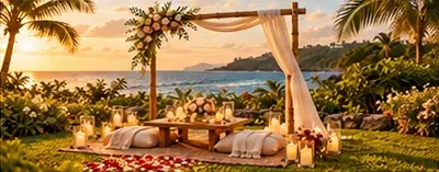 Inspiración para Romantic Garden con arco de bambú, tela y decoración floral en un jardín junto al mar